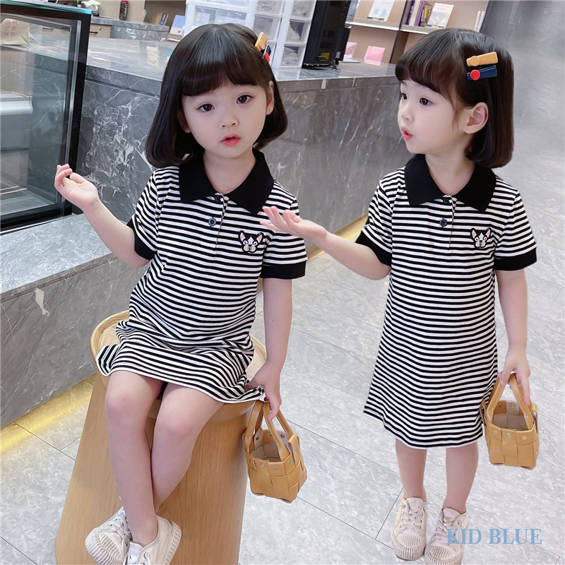 Đầm Thun Ngắn Tay Họa Tiết Kẻ Sọc Phong Cách Phương Tây Thời Trang Mùa Hè Cho Bé Gái