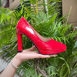 Giày gót vuông đúp đế cao 10cm màu đỏ da bóng