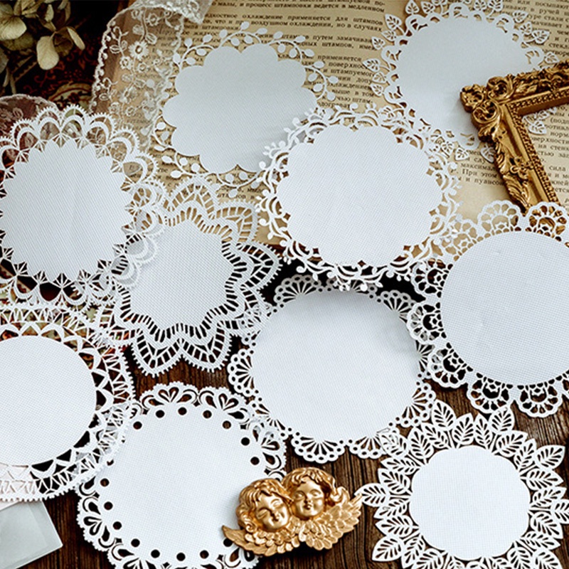 Bộ sticker vintage tấm giấy ren tròn 10cm trang trí Bullet Journal Sổ KLONG, nắp hộp quà STI23 đồ handmade đẹp mắt
