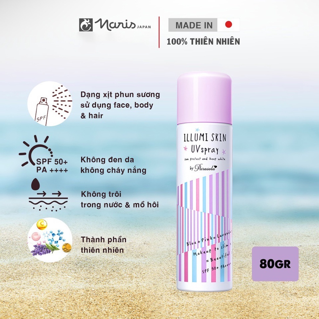 Xịt chống nắng Parasola Illumi, chống nắng mặt và cơ thể, dưỡng da, tạo hiệu ứng thon gọn Skin Uv Spray SPF 50 80g