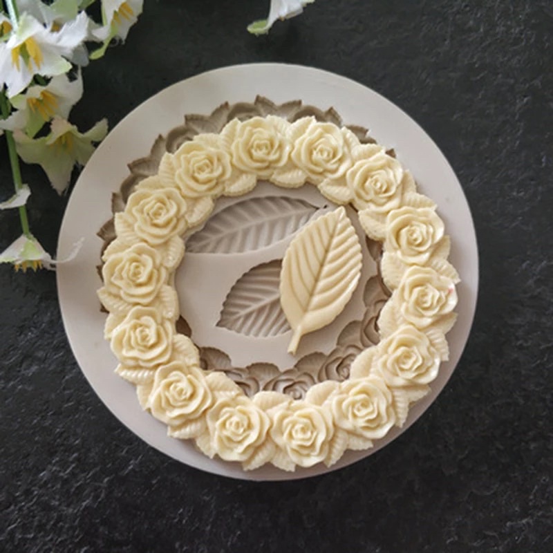 Tấm silicon hoa vòng + lá 3D làm fondant, trang trí bánh trung thu hiện đại