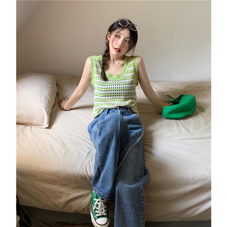 HUANG YOYO  Áo Dệt Kim Sát Nách Dáng Rộng Họa Tiết Kẻ Sọc Thời Trang Mùa Hè Phong Cách Hàn Quốc Cho Nữ