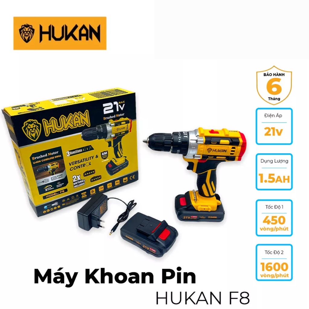 Máy khoan pin HUKAN F8 động cơ chổi than 3 chức năng theo kèm hộp phụ kiện 24 chi tiết