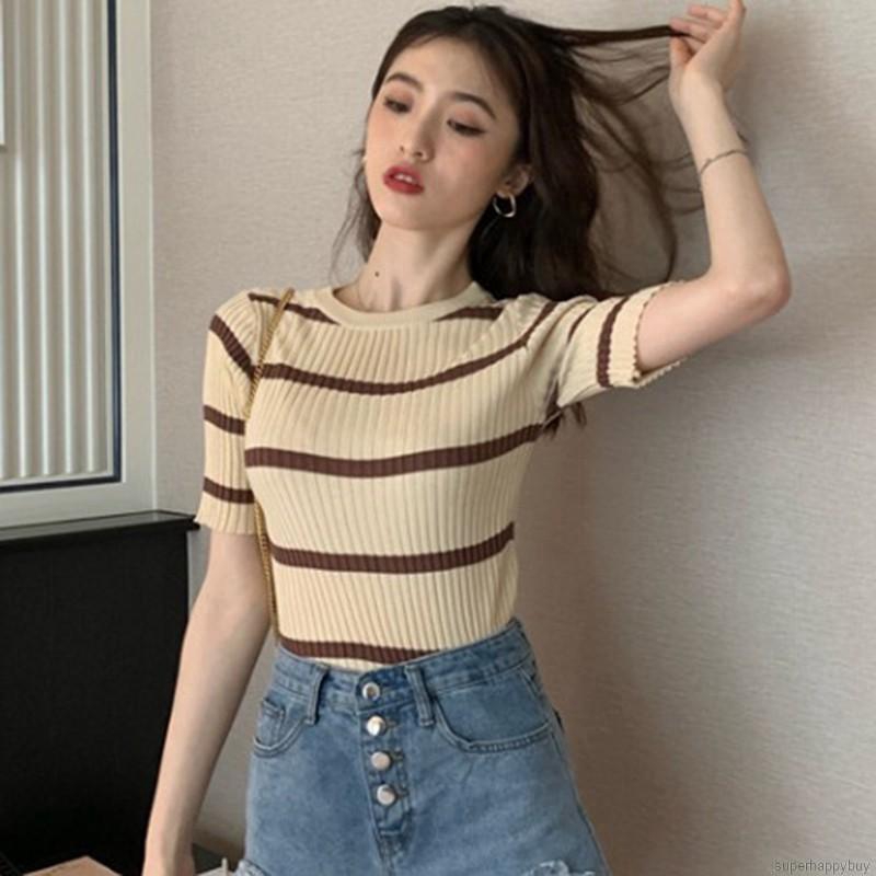 Áo dệt kim đơn giản sọc ngang ngắn tay dành cho nữ