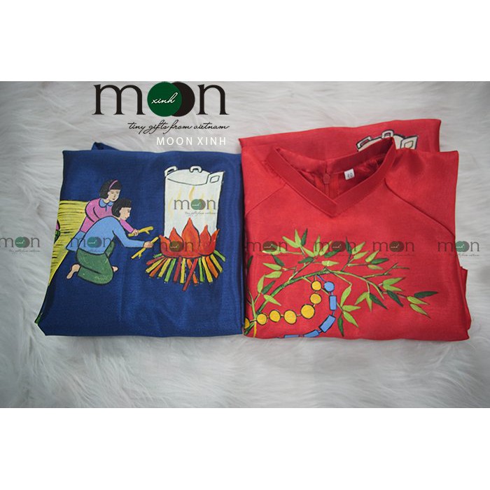 Áo dài cách tân cho bé trai vẽ tay thủ công VNS 264 Moon Xinh - Màu xanh - Gấm taffeta - Full size 8kg-65kg