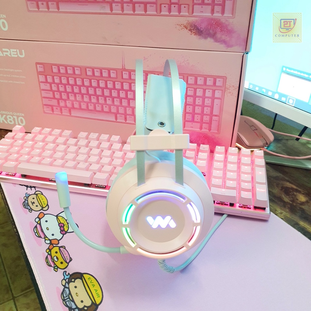 Tai nghe hồng , Tai Nghe chụp tai gaming Wangming 9800s Pink (Màu Hồng) Âm Thanh 7.1 USB LED - PK MÁY TÍNH