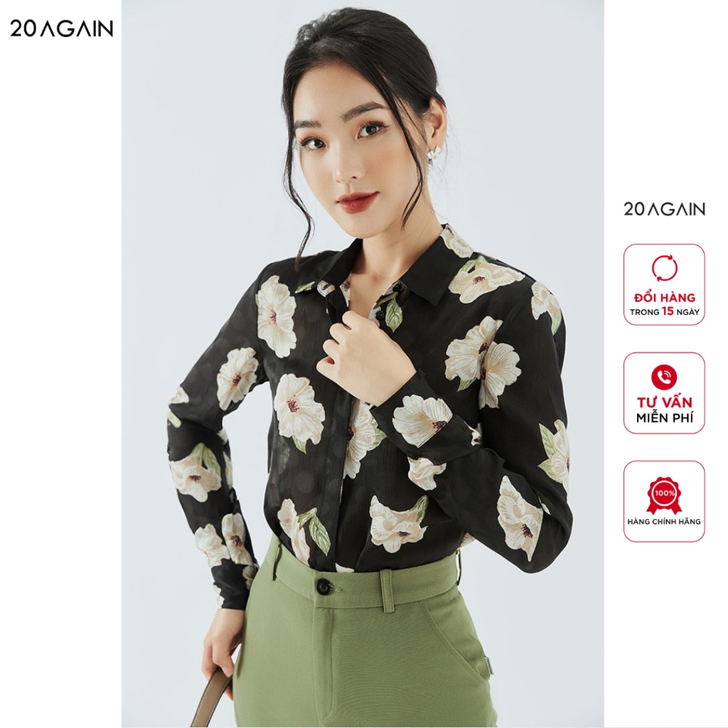 [Mã WABR20AG15 giảm 10% đơn 99K] Áo sơ mi nữ dài tay cổ đức 20AGAIN họa tiết độc đáo, cúc giấu tinh tế ASA0862