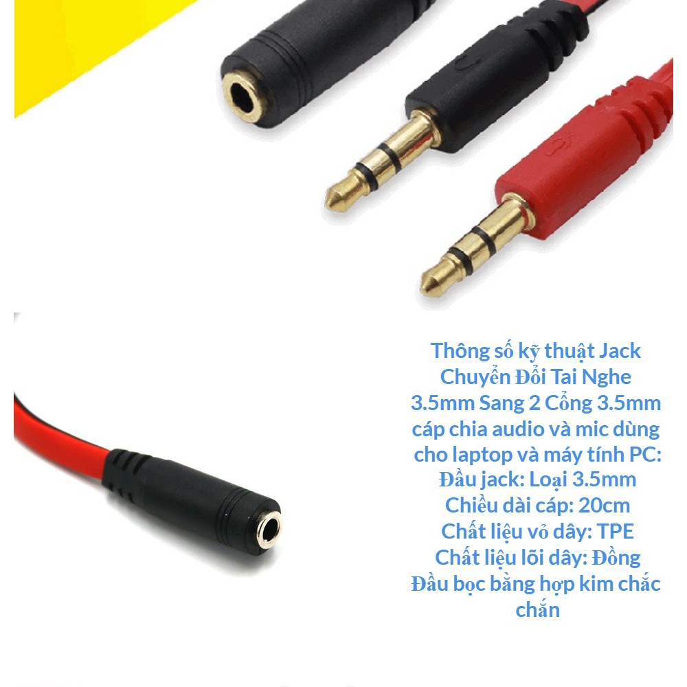 Jack chuyển đổi tai nghe 3.5 sang Audio &amp; Mic dùng trên laptop máy tính, Cáp Chia 3.5mm( đen đỏ)