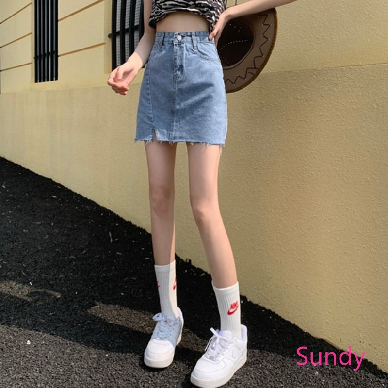 Chân váy jeans chữ A eo cao phối xẻ tà thời trang Hàn Quốc sành điệu trẻ trung