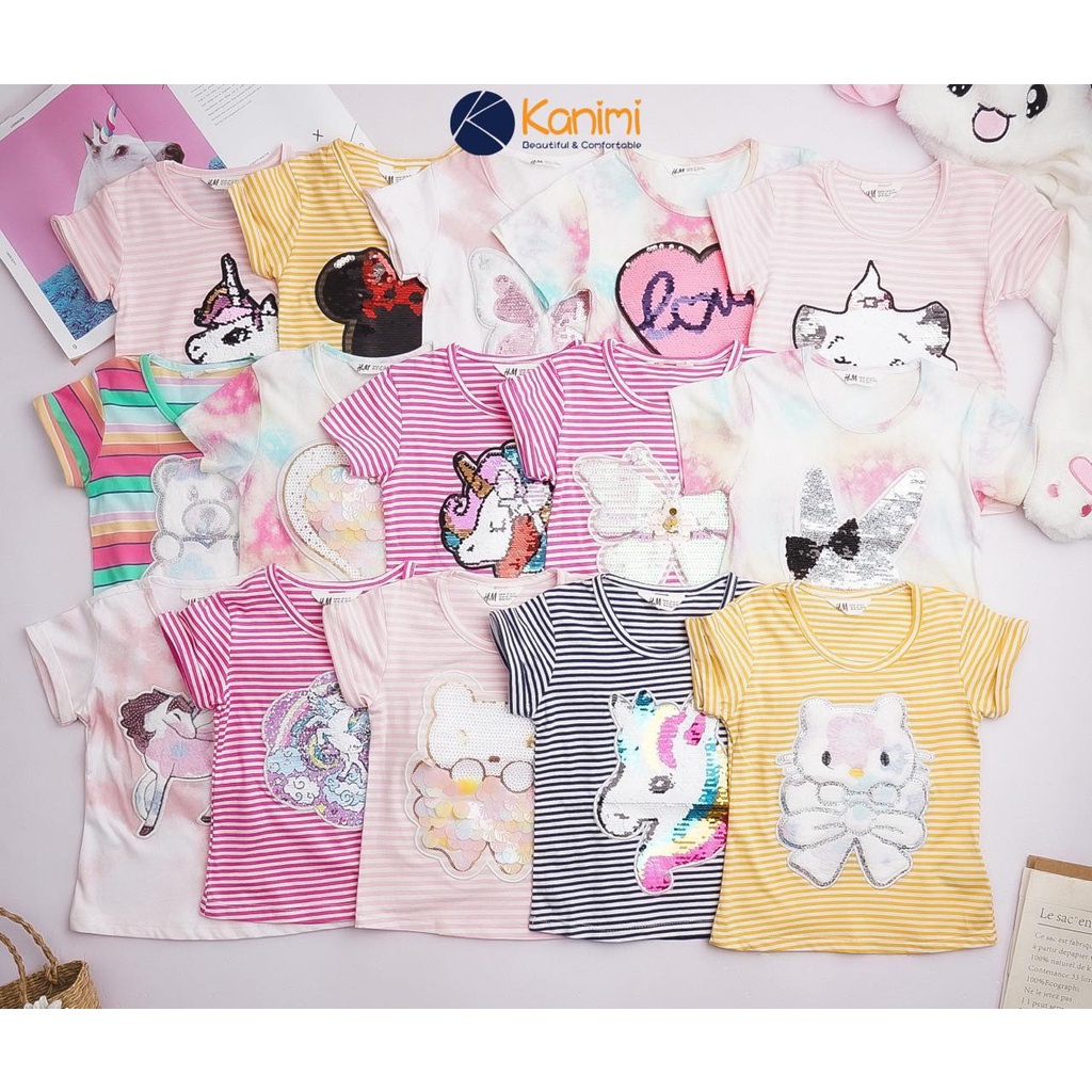 ☍(Kẻ đen+kẻ vàng)Áo thun bé gái đính kim sa, áo cộc tay xuất dư size 1-10 tuổi (11-33kg)