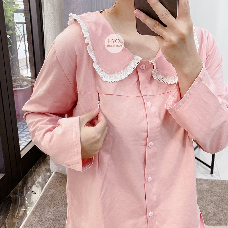 Bộ bầu sau sinh ren cổ mặc nhà Thu Đông có khóa giọt lệ cao cấp