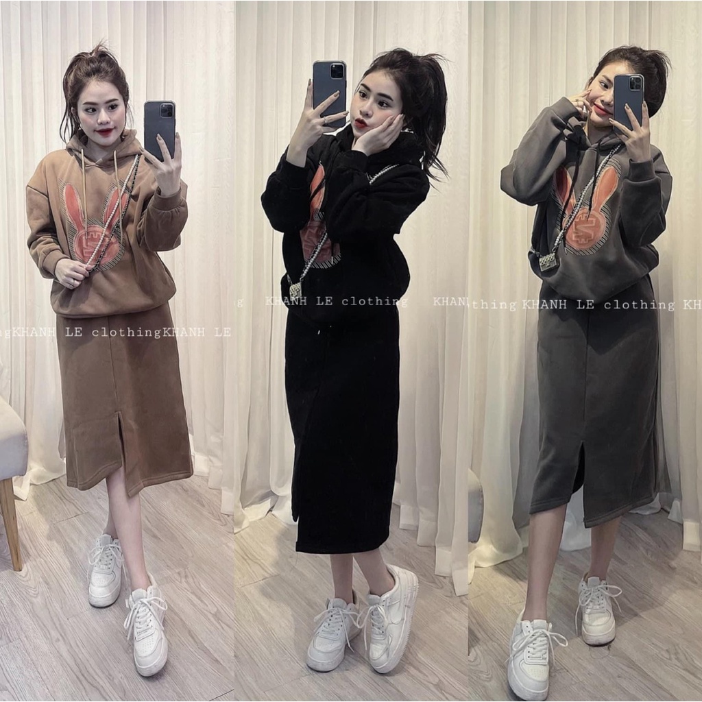 Set Bộ Nỉ Bông Áo Mũ Tai Thỏ Mix Chân Váy Bút Chì Xẻ Siêu Đẹp