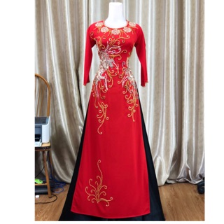 Áo dài đỏ tươi💥FREESHIP 💥Áo dài phối hoa ren và đính kết pha lê 2 tà