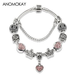 Vòng tay bằng bạc phối mặt hình trái tim và quả cầu đính pha lê hồng DIY thời trang