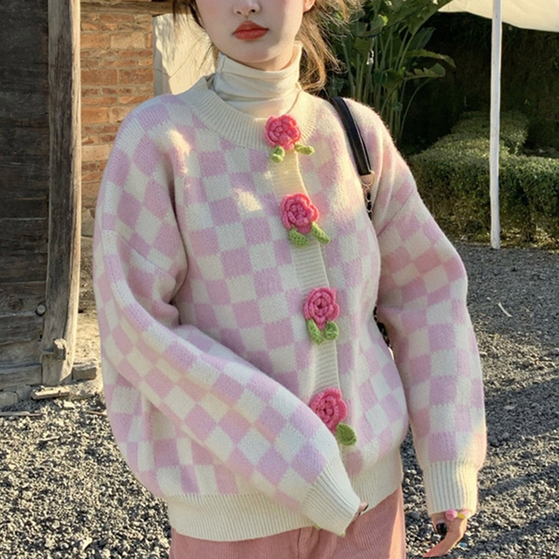 Áo Khoác Cardigan Dệt Kim Tay Dài Họa Tiết Hoa 3D Dễ Thương Cho Nữ