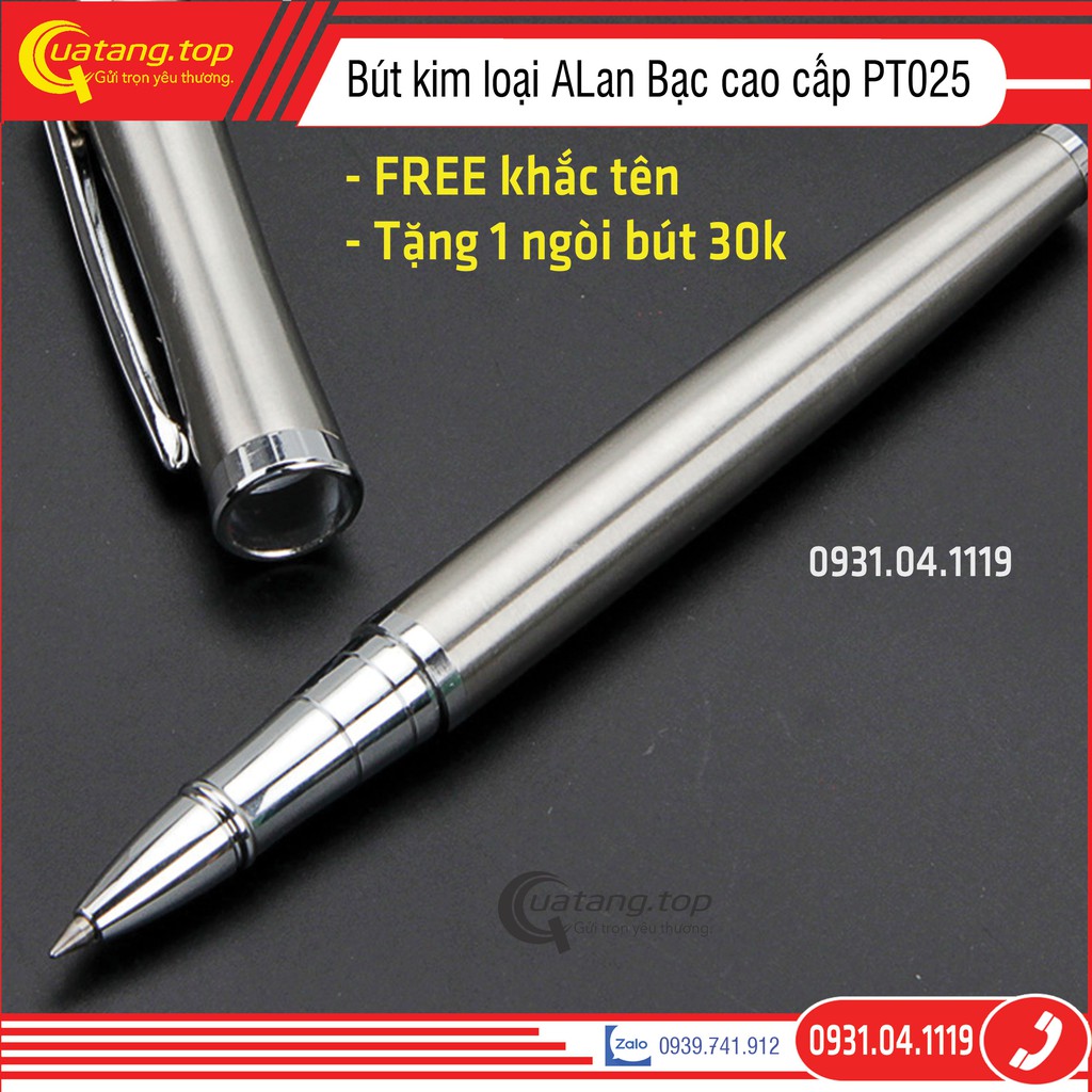 Bút ký tên cao cấp ALan nắp bật PT025 kim loại bạc, ngòi 0.5mm, mực gel màu xanh | Có dịch vụ khắc tên theo yêu cầu