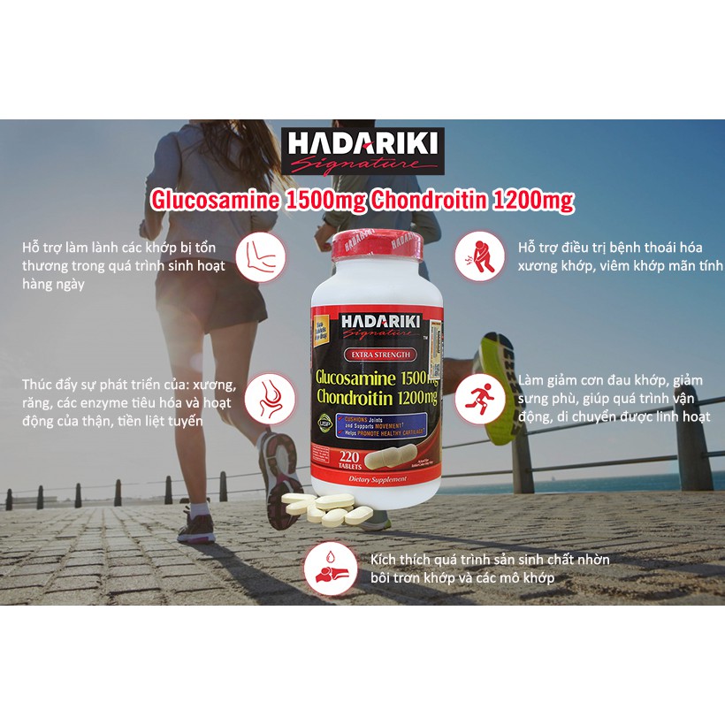 Hadariki Glucosamine 1500mg Chondroitin 1200mg tăng cường sức khỏe xương khớp, Chai 220 viên DATE 4/2021