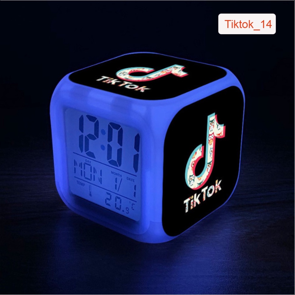 [Cute] Đồng Hồ Báo Thức Để Bàn in Hình Biểu Tượng Tiktok 2021 LED Đổi Màu. Hiển Thị Ngày Tháng, Nhiệt Độ. Tặng 4 Pin AAA