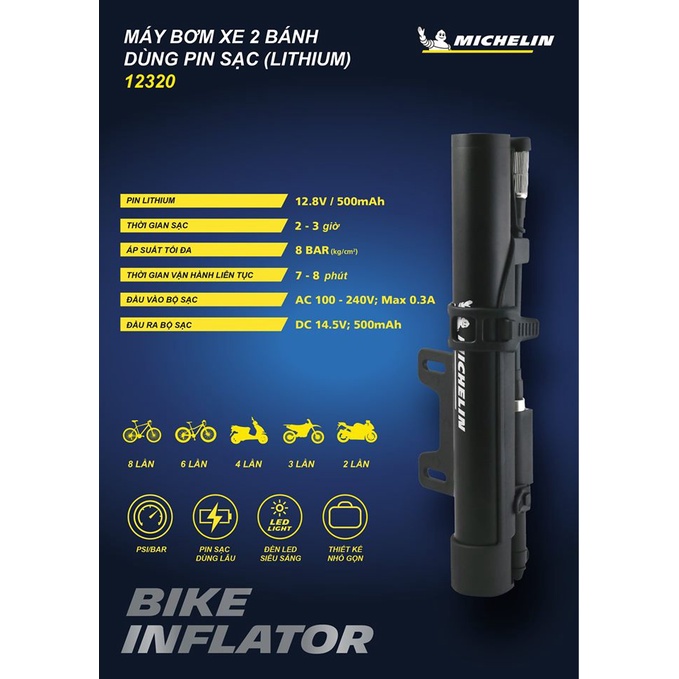 Bơm lốp xe 2 bánh dùng pin sạc Lithium Michelin 12320