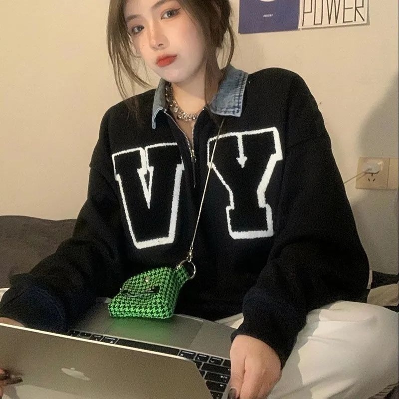 Áo khoác Denim dáng rộng phối khóa kéo nửa thân phong cách Hàn Quốc cá tính cho nữ