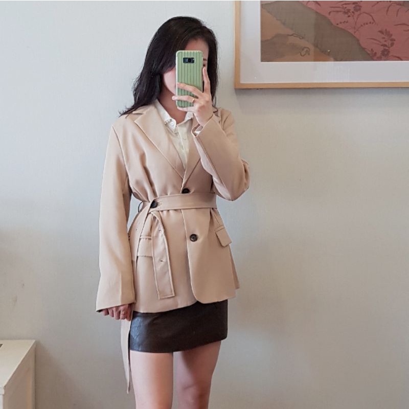 [BLAZER 01]Blazer hai lớp màu kaki kèm belt da và dây phong cách Hàn Quốc
