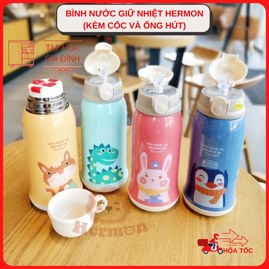 Bình nước giữ nhiệt hermon 600ml kèm cốc và ống hút cho bé