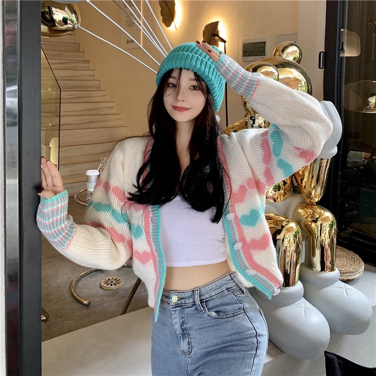 Áo Khoác Cardigan Dệt Kim Cổ Chữ V Màu Sắc Ngọt Ngào Cho Nữ