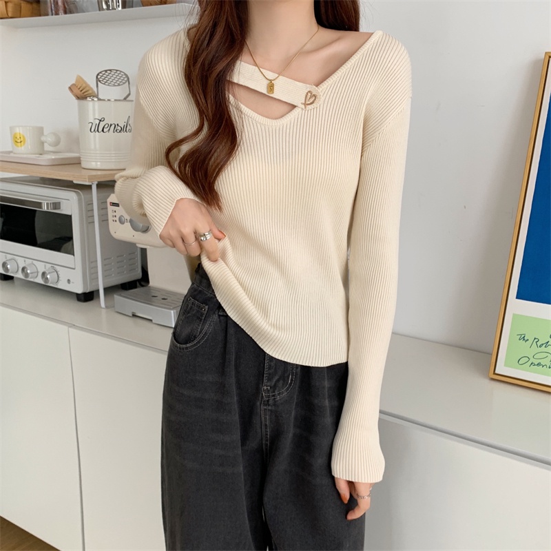 【HangFei】Áo Sweater Dệt Kim Tay Dài Cổ V Thiết Kế Quyến Rũ Cá Tính