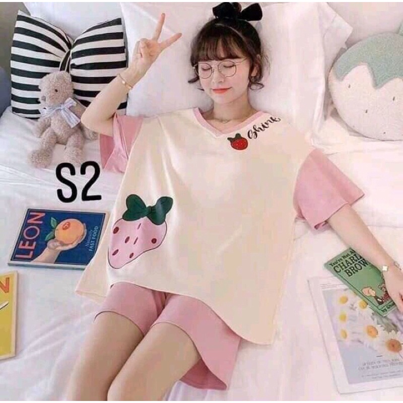 Đồ bộ nữ mặc nhà thun cotton form to dưới 70kg hoạ tiết hoạt hình ngộ nghĩnh
