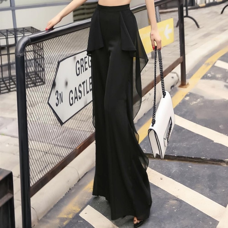 Quần Dài Ống Loe Chất Liệu Chiffon Màu Đen Thời Trang Quyến Rũ Cho Nữ