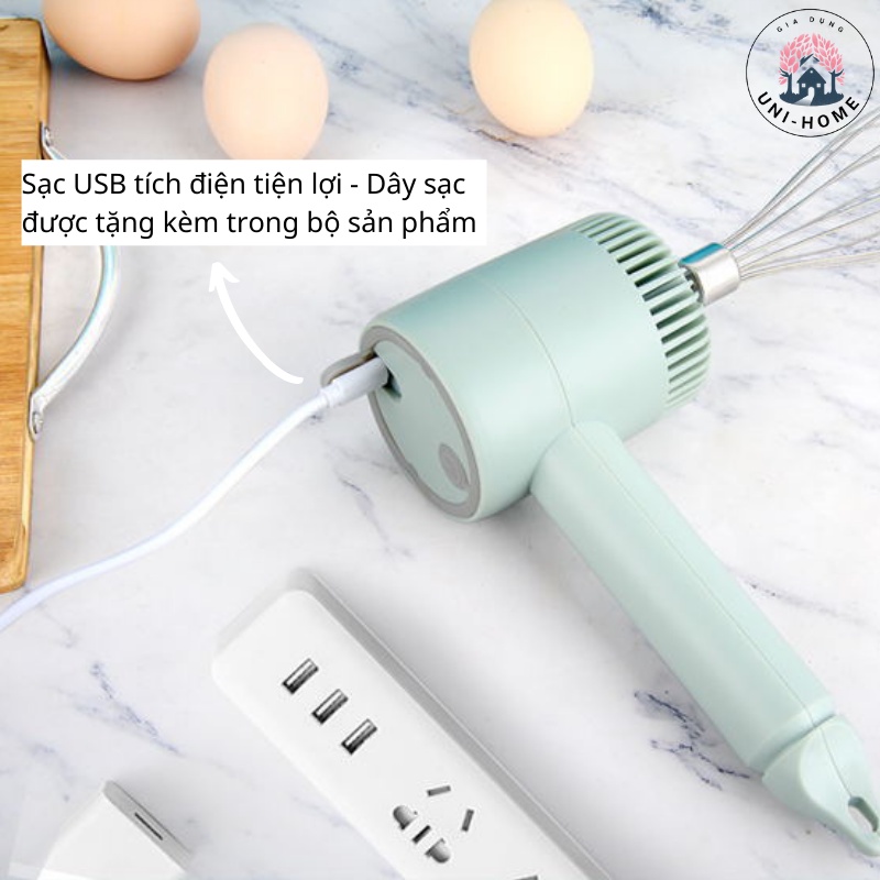 Máy Đánh Trứng Cầm Tay Mini Kiêm Máy Xay Thịt Đa Năng Sạc Tích Điện Xay Tỏi Ớt, Rau Củ Đa Năng