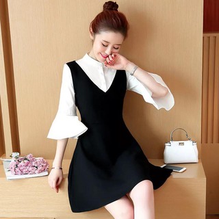 Váy bầu đen phối tay trắng lỡ