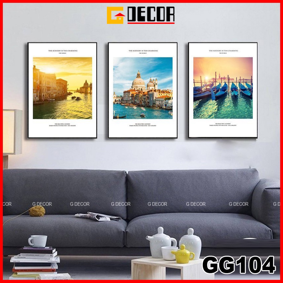 Tranh treo tường canvas khung gỗ 3 bức phong cách hiện đại Bắc Âu tranh phong cảnh trang trí phòng khách phòng ngủ 104