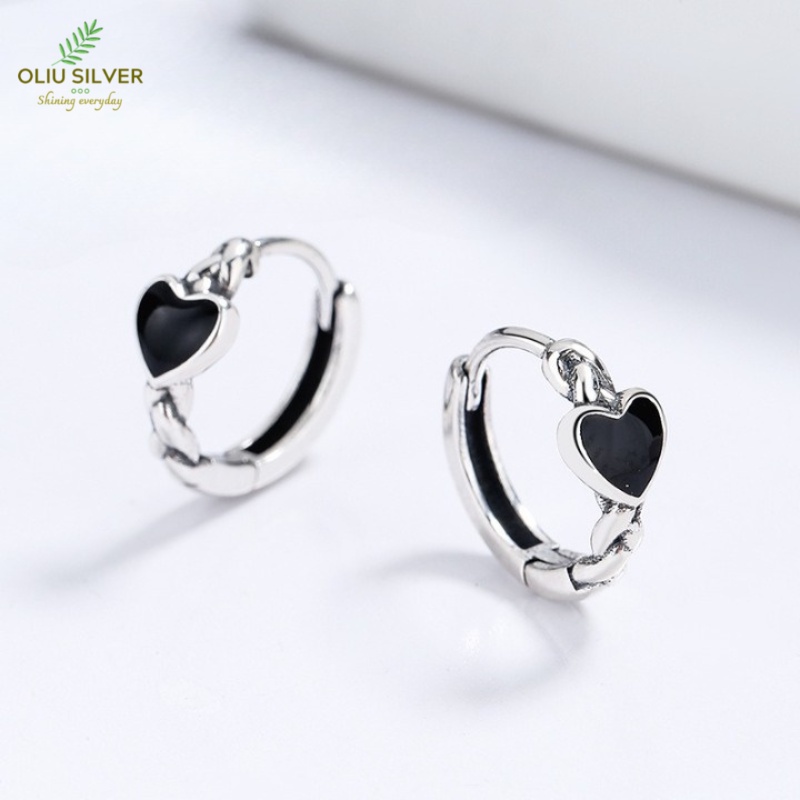 Bông Tai Bạc Thái S925 Khoen Tròn Trái Tim Đen Black Heart Trẻ Trung Cá Tính | Khuyên Tai Nữ Trang Sức Bạc Thời Trang