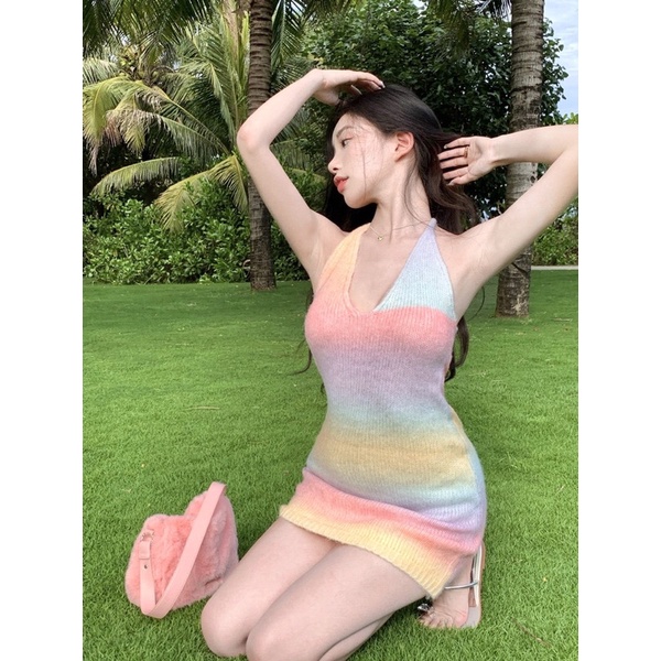 Đầm cổ yếm len QC mỏng nhẹ
