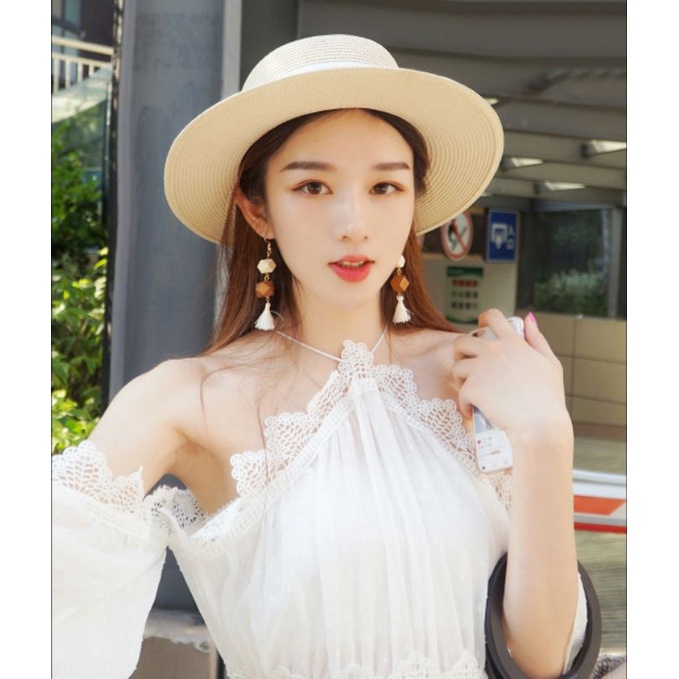 Mũ cói đi biển đẹp nón vành nhỏ đai đen phối trắng thời trang Hàn Quốc Lh0917399527