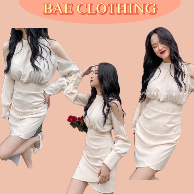 ĐẦM DỰ TIỆC XẾP LI LỆCH TÀ CHERUB DRESS thiết kế đầm tay dài hở vai quyến rũ sexy form váy cổ yếm nhún phần ngực ullzang