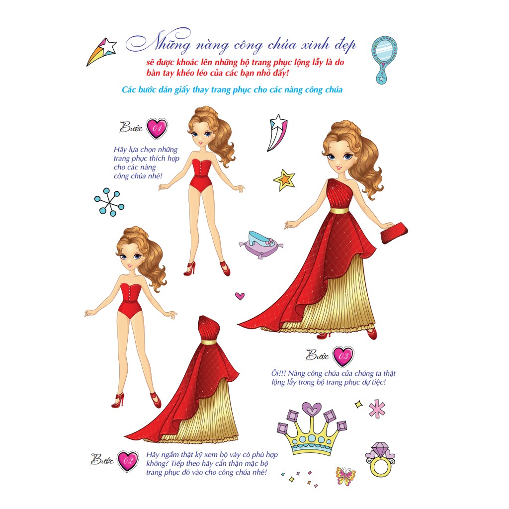 Sách - Sticker book - Giấy gián & tô màu công chúa 2 - Lộng lẫy (tặng kèm 4 trang sticker dán hình)