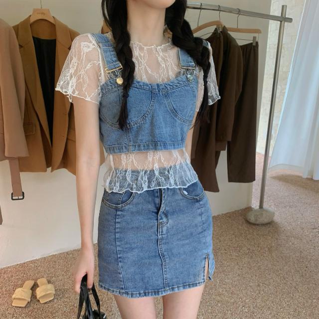 ' suit '- wear a short lace backed sleeveless top over a denim suspender vest