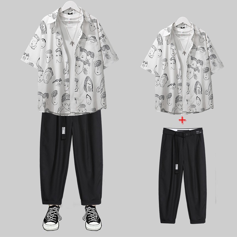 Combo Áo Sơ Mi Ngắn Tay Hoạ Tiết Mặt Người Hàn Quốc Kết Hợp Quần Tây Âu Dáng Baggy (Tặng Dây Lưng) SOMI 37 + JOGGER 66 B | BigBuy360 - bigbuy360.vn