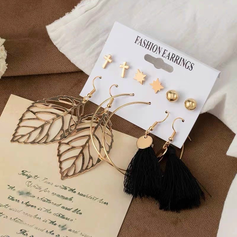 SÉT 6 ĐÔI KHUYÊN TAI FASHION CÓ TUA ĐEN