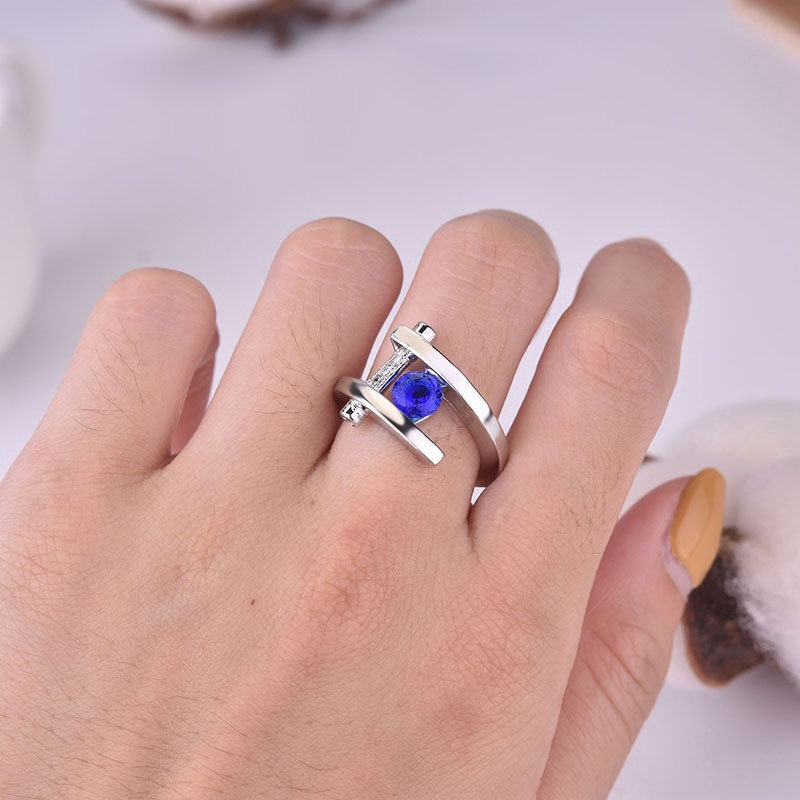 New Creations Inlaid Sapphire Silver Standing Rings Diamonds