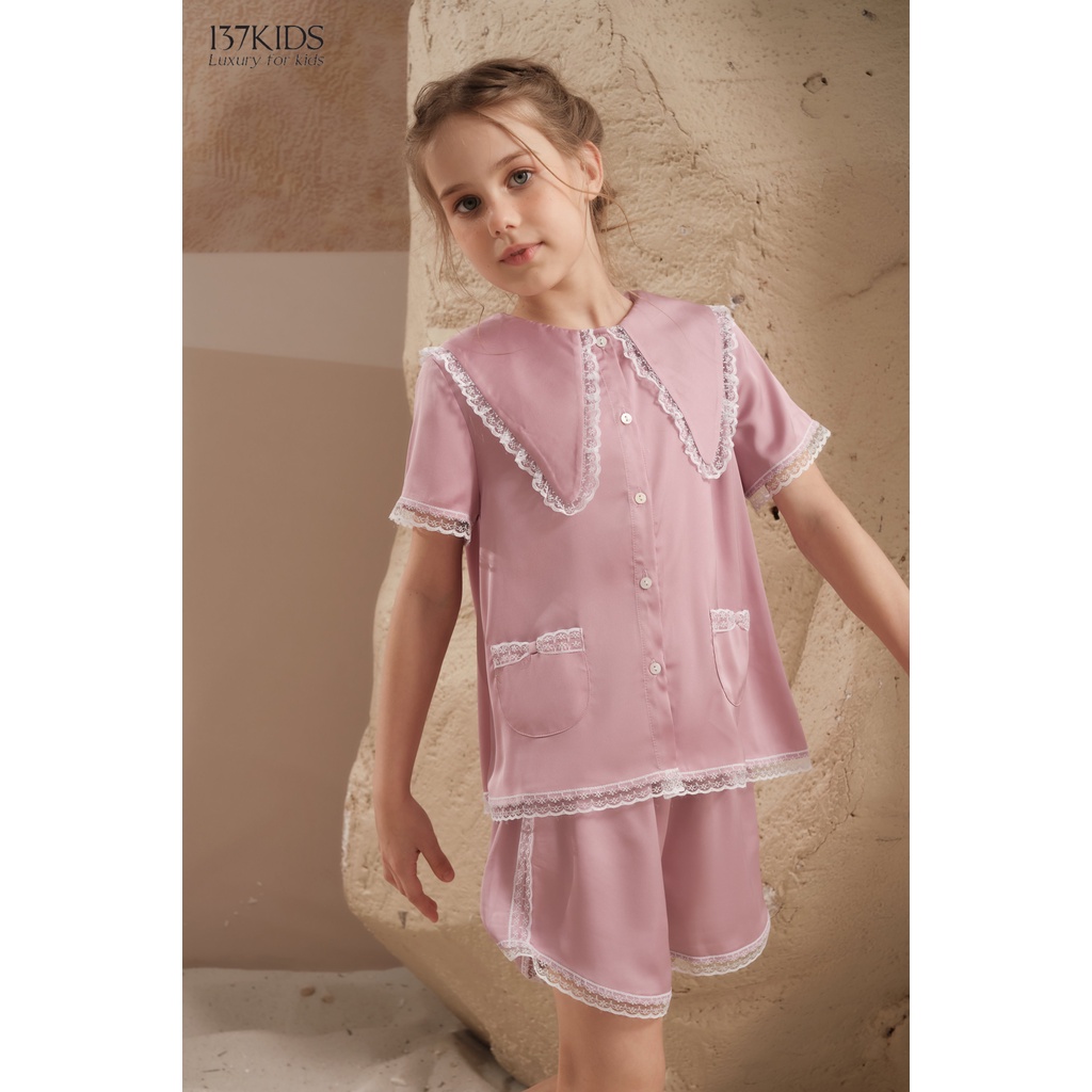 Bộ pijama lụa cao cấp thiết kế 137Kids cổ sen nhọn viền ren sang chảnh cho bé gái