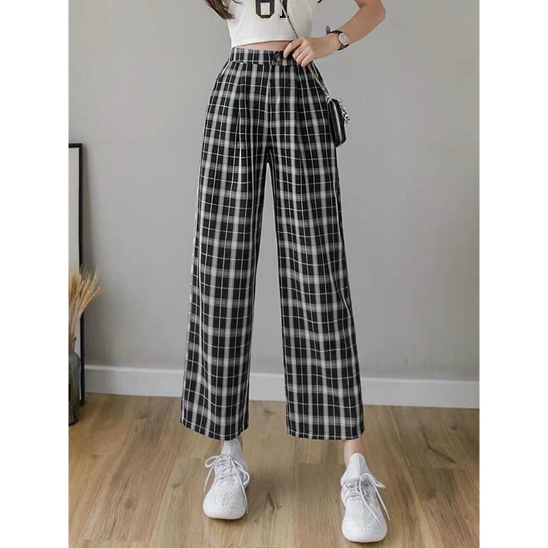Quần Kẻ Nữ Caro Lưng Cao Dáng Rộng Ống Suông ulzzang full màu hot camastore