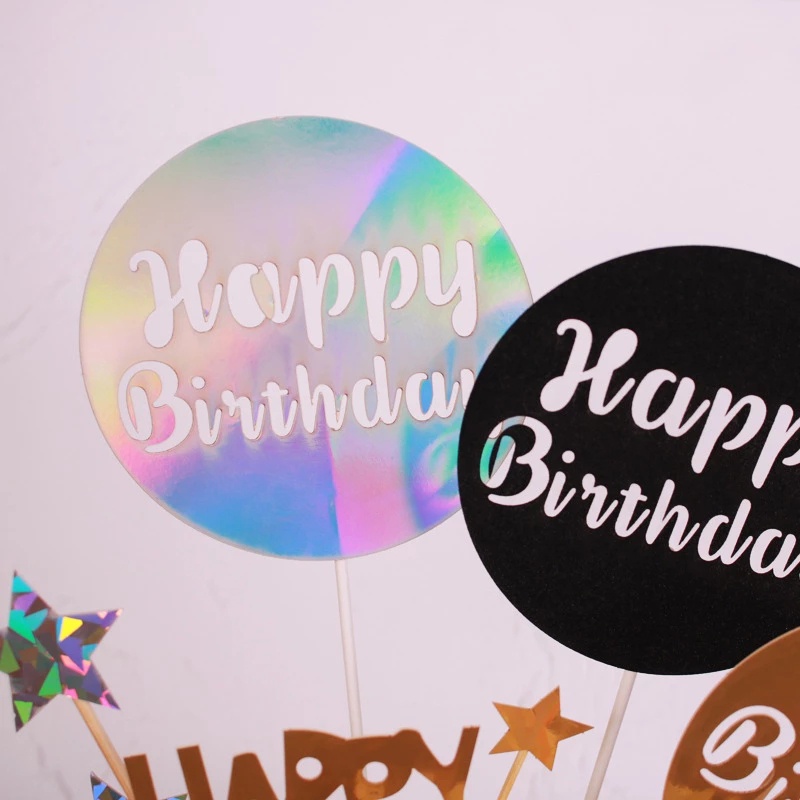 Topper trang trí bánh kem hình tròn in chữ Happy Birthday