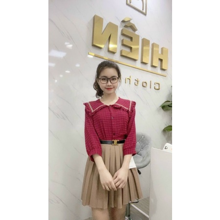 Áo sơ mi kẻ cổ viền bánh bèo chất thô mềm