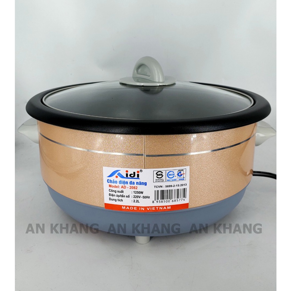 Nồi Lẩu Điện - Chảo Lẩu Điện Đa Năng Aidi 2.2L 2.2 Lít 1250W AD-2082 - Hàng Chính Hãng (Bảo Hành 12 Tháng)