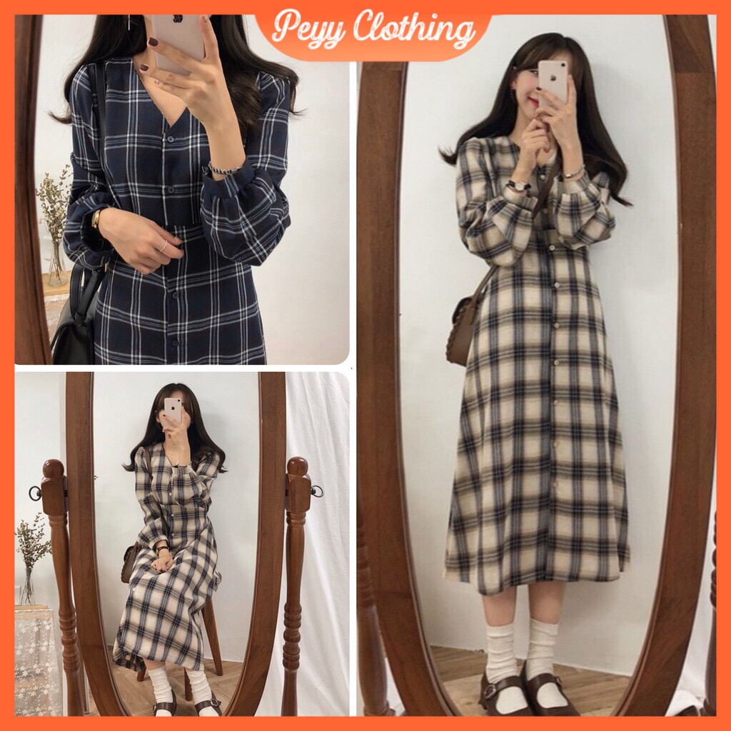 Váy dài vintage caro cổ tim form suông phối khuy phong cách ulzzang Hàn Quốc V12 - Peyy Clothing | BigBuy360 - bigbuy360.vn