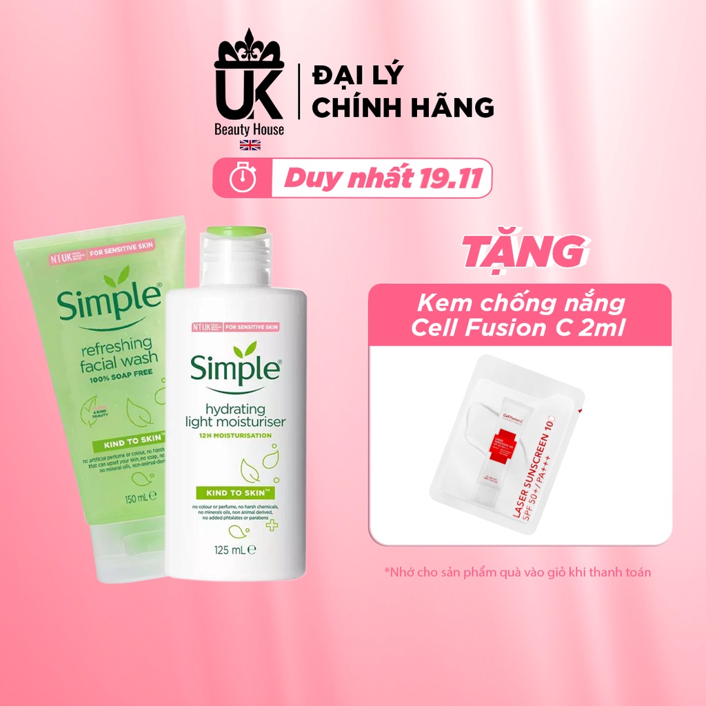 [Mã SKAMPUSH11 giảm 10% đơn 200k] COMBO LÀM SẠCH, DƯỠNG ẨM SÂU SIMPLE (SỮA RỬA MẶT 150ML + KEM DƯỠNG 125ML) | BigBuy360 - bigbuy360.vn