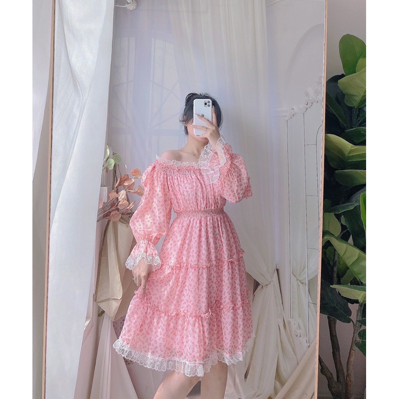 ĐẦM RỚT VAI HOA HỒNG NƠ